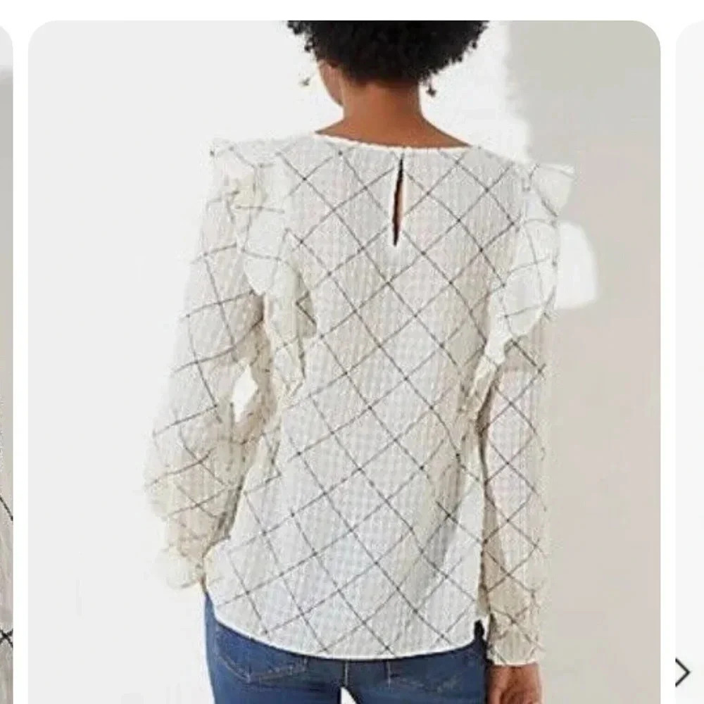 Loft cream/ivory Plaid Ruffle Blouse size large NWT - Picture 3 of 10